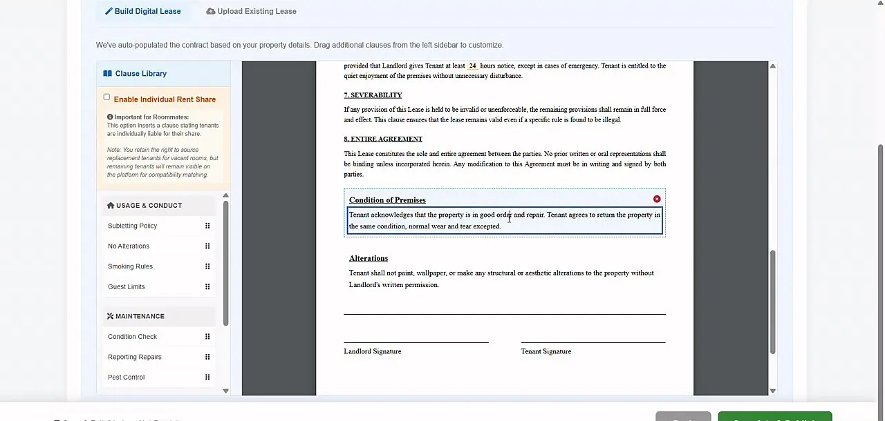 Lease builder with e-sign